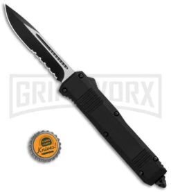 Atomic Shield Large Drop Point Black OTF Automatic Knife - Two Tone Serrated -Best Knifes Shop Atomic Shield Large DP Black OTF TT Serr GX 34162 jr bottlecap large