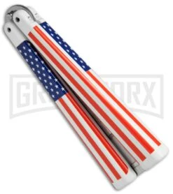 BB Barfly USA Flag Bottle Opener Butterfly Trainer - Satin 4TH18 -Best Knifes Shop BB Barfly Bottle Opener Butterfly Trainer USA Flag BHQ 68442 jr side large