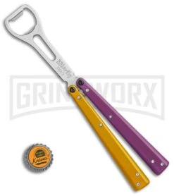 BB Barfly Pro Purple/Yellow Bottle Opener Butterlfy Trainer -Best Knifes Shop BB Barfly Pro Model Bottle Opener Butterfly Trainer Purple Yellow BHQ 87778 er bottlecap large