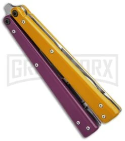 BB Barfly Pro Purple/Yellow Bottle Opener Butterlfy Trainer -Best Knifes Shop BB Barfly Pro Model Bottle Opener Butterfly Trainer Purple Yellow BHQ 87778 er spine large