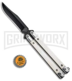 Bear And Son White Smooth Bone Balisong Butterfly Knife - Black Plain -Best Knifes Shop Bear Butterfly Knife White Smooth Bone Handle Black WSB17 BHQ 14380 jr bottlecap large
