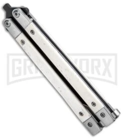 Bear And Son White Smooth Bone Balisong Butterfly Knife - Black Plain -Best Knifes Shop Bear Butterfly Knife White Smooth Bone Handle Black WSB17 BHQ 14380 jr side large