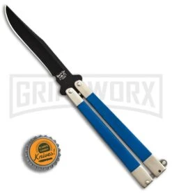Bear & Son Blue G-10 Butterfly Knife - Black Plain -Best Knifes Shop Bear Butterfly Knive blue G10 handles Black Plain BHQ 87253 er bottlecap large