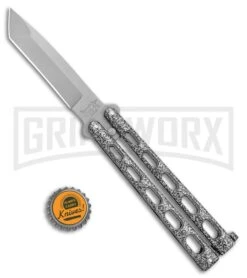 Bear & Son Knives 114A Large Silver Balisong Butterfly Knife - Blasted Tanto -Best Knifes Shop Bear Butterfly Tanto Large Silver Vein BB BHQ 0663 jr bottlecap large