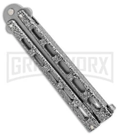 Bear & Son Knives 114A Large Silver Balisong Butterfly Knife - Blasted Tanto -Best Knifes Shop Bear Butterfly Tanto Large Silver Vein BB BHQ 0663 jr side large