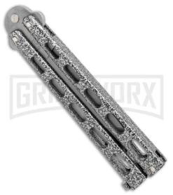 Bear & Son Knives 114A Large Silver Balisong Butterfly Knife - Blasted Tanto -Best Knifes Shop Bear Butterfly Tanto Large Silver Vein BB BHQ 0663 jr spine large