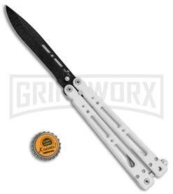 Bear OPS Bear Song IV Arctic White Balisong Butterfly Knife W/Trainer - Black -Best Knifes Shop Bear Ops Bear Song IV Butterfly Arctic White Trainer Satin B 400 ALW B BHQ 79336 jr bottlecap large