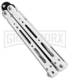 Bear OPS Bear Song IV Arctic White Balisong Butterfly Knife W/Trainer - Black -Best Knifes Shop Bear Ops Bear Song IV Butterfly Arctic White Trainer Satin B 400 ALW B BHQ 79336 jr side large