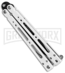 Bear OPS Bear Song IV Arctic White Balisong Butterfly Knife W/Trainer - Black -Best Knifes Shop Bear Ops Bear Song IV Butterfly Arctic White Trainer Satin B 400 ALW B BHQ 79336 jr spine large