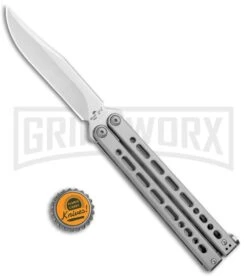 Bear Ops Bear Song VIII Gray Butterfly Knife - Clip Point Satin Plain -Best Knifes Shop Bear Ops Bear Song VIII Butterfly DP Satin B 800 SS S BHQ 102069 jr bottlecap large
