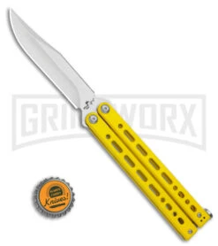Bear Ops Bear Song VIII Yellow Butterfly Knife - Clip Point Satin Plain -Best Knifes Shop Bear Ops Bear Song VIII Butterfly Knife Yellow Clip Point 4.5in Satin B 800 SSYW S BHQ 113965 LS Bottlecap large