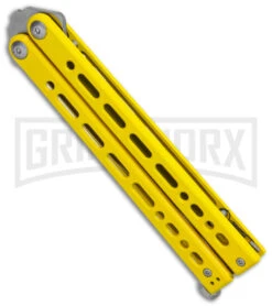 Bear Ops Bear Song VIII Yellow Butterfly Knife - Clip Point Satin Plain -Best Knifes Shop Bear Ops Bear Song VIII Butterfly Knife Yellow Clip Point 4.5in Satin B 800 SSYW S BHQ 113965 LS Side large