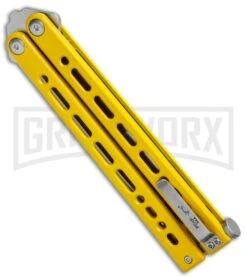 Bear Ops Bear Song VIII Yellow Butterfly Knife - Tanto Satin Plain -Best Knifes Shop Bear Ops Bear Song VIII Butterfly Yellow Tanto Satin B 810 SSYW S BHQ 124341 jr side large