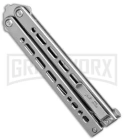 Bear Ops Bear Song VIII Small Gray Butterfly Knife - Clip Point Satin Plain 8 Bear Ops Bear Song VIII Small Gray Butterfly Knife - Clip Point Satin Plain -Best Knifes Shop Bear Ops Bear Song VIII Small Butterfly Gray Satin CP BHQ 145121 jr side large