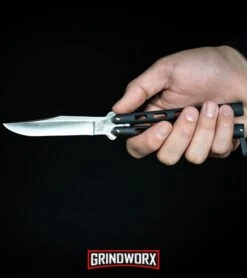 Bear & Son 114 Black Balisong Trainer Butterfly Knife - Satin Plain -Best Knifes Shop Bear Son 114B Large Butterfly Knife Black Satin BHQ 0364 kp in hand web large