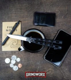 Bear & Son 114 Black Balisong Trainer Butterfly Knife - Satin Plain -Best Knifes Shop Bear Son 114B Large Butterfly Knife Black Satin BHQ 0364 kp lifestyle web large