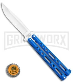 Bear & Son Knives Blue Large 117 Balisong Butterfly Knife - Satin Plain -Best Knifes Shop Bear Son Butterfly Blue 117BL BHQ 114368 LS Bottlecap large