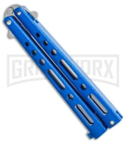 Bear & Son Knives Blue Large 117 Balisong Butterfly Knife - Satin Plain -Best Knifes Shop Bear Son Butterfly Blue 117BL BHQ 114368 LS Side large