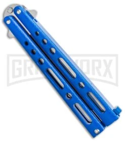 Bear & Son Knives Blue Large 117 Balisong Butterfly Knife - Satin Plain -Best Knifes Shop Bear Son Butterfly Blue 117BL BHQ 114368 LS Spine large