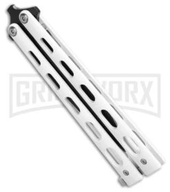 Bear & Son 115W White Butterfly Knife - Black Plain 4TH18 -Best Knifes Shop Bear Son Large Clip Point Butterfly Knife White 4in Black BHQ 77306 td side large
