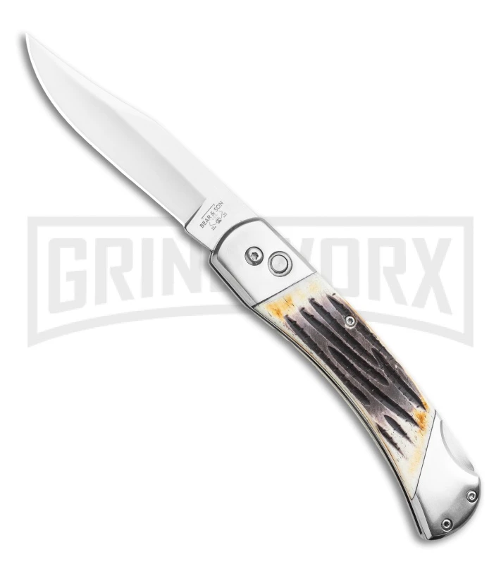 Bear And Son Stag Bone Automatic Lockback Knife - Satin Plain 3 Bear And Son Stag Bone Automatic Lockback Knife - Satin Plain