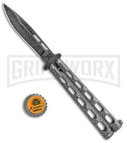 Bear & Son 115DSV Silver Vein Butterfly Knife - Damascus Plain -Best Knifes Shop Bear and Son Butterfly Black Damascus 115DSV BHQ 83522 jr bottlecap large