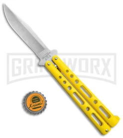 Bear & Son Knives Yellow Large 117 Balisong Butterfly Knife - Stonewash Plain -Best Knifes Shop Bear and Son Butterfly Yellow SW BHQ 138996 jr bottlecap large