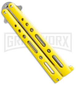 Bear & Son Knives Yellow Large 117 Balisong Butterfly Knife - Stonewash Plain -Best Knifes Shop Bear and Son Butterfly Yellow SW BHQ 138996 jr side large