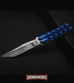 Bear And Son Knives Blue Balisong Butterfly Knife - Damascus Plain -Best Knifes Shop Bear and son butterfly blue damascus 114bld BHQ 36772 dl large