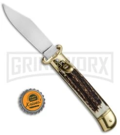 SKM 8" Shot Shell Puller Stag Lever Lock Knife - Clip Point Polish -Best Knifes Shop Beltrame Knives LL Italian Auto Stag Brass BP 27022 jr bottlecap large
