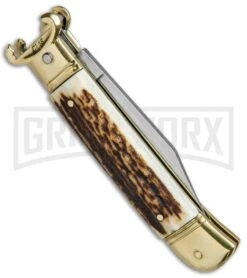 SKM 8" Shot Shell Puller Stag Lever Lock Knife - Clip Point Polish -Best Knifes Shop Beltrame Knives LL Italian Auto Stag Brass BP 27022 jr side large