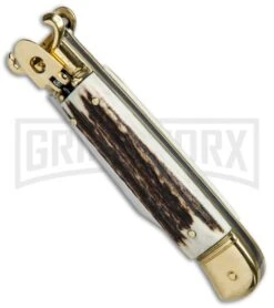 SKM 8" Shot Shell Puller Stag Lever Lock Knife - Clip Point Polish -Best Knifes Shop Beltrame Knives LL Italian Auto Stag Brass BP 27022 jr spine large