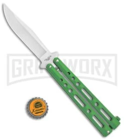 Benchmark Balisong Green Butterfly Knife - Satin Plain -Best Knifes Shop Benchmark BM010 Green Balisong Butterfly Satin BM010 BHQ 115068 jr bottlecap large
