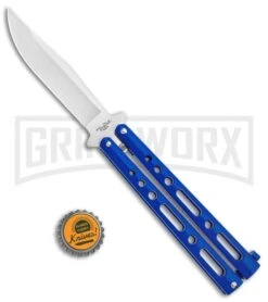 Benchmark Balisong Blue Butterfly Knife - Satin Plain -Best Knifes Shop Benchmark BM011 Blue Balisong Butterfly Satin BM011 BHQ 115069 jr bottlecap large