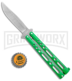 Benchmark Green Epoxy Steel Butterfly Knife - Stonewash Plain -Best Knifes Shop Benchmark Butterfly Green SW BHQ 143933 jr bottlecap large