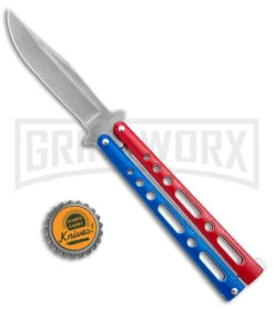 Benchmark Red & Blue Epoxy Steel Butterfly Knife - Stonewash Plain -Best Knifes Shop Benchmark Butterfly Red White Blue SW BHQ 143934 jr bottlecap large