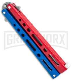 Benchmark Red & Blue Epoxy Steel Butterfly Knife - Stonewash Plain -Best Knifes Shop Benchmark Butterfly Red White Blue SW BHQ 143934 jr side large