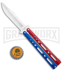 Benchmark Red & Blue Epoxy Steel Butterfly Knife - Satin Plain -Best Knifes Shop Benchmark Butterfly Red White Blue Satin BHQ 141219 jr bottlecap large