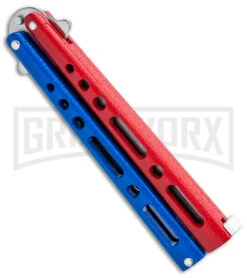 Benchmark Red & Blue Epoxy Steel Butterfly Knife - Satin Plain -Best Knifes Shop Benchmark Butterfly Red White Blue Satin BHQ 141219 jr side large