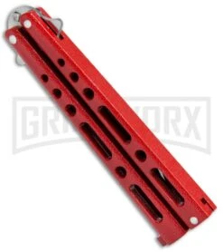 Benchmark BM009 Red Balisong Butterfly Knife - Satin Plain -Best Knifes Shop Benchmark Red Buttefly Knife Satin BM009 BHQ 74287 jr side large