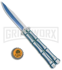 Blue Bone Balisong Drop Point Butterfly Knife - 2 Tone Plain -Best Knifes Shop Blue Bone Balisong DP Butterfly TT Plain GX 37371 jr bottlecap large