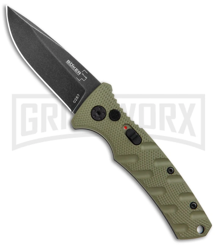 Boker Mini Strike Automatic Knife OD Green - Drop Point Black SW Plain 3 Boker Mini Strike Automatic Knife OD Green - Drop Point Black SW Plain
