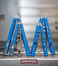 Boker Plus Mini Balisong Solid Blue Trainer Knife - Satin Dull -Best Knifes Shop Boker Plus Balisong Trainer Butterfly Knife Blue G 10 Satin 01BO713 BHQ 99634 kp cnc web large