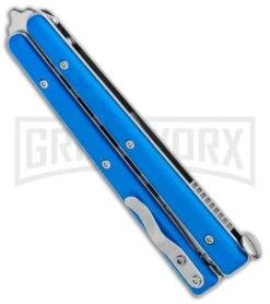 Boker Plus Mini Balisong Solid Blue Trainer Knife - Satin Dull -Best Knifes Shop Boker Plus Mini Balisong Trainer Blue G 10 Satin 01BO716SOI BHQ 99640 jr side large