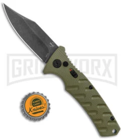 Boker Plus Strike OD Green Automatic Knife - Bowie Black Stonewash Plain -Best Knifes Shop Boker Plus Strike Bowie Auto OD Green Black Wash BHQ 125301 jr bottlecap large