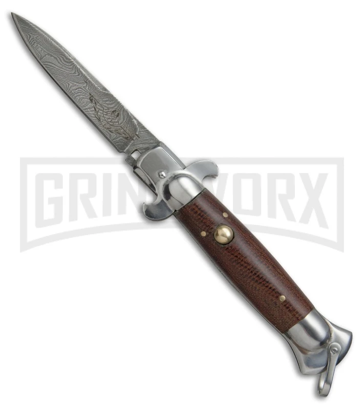 9" Medteh Brown Micarta Russian Stiletto Automatic Knife - Damascus Plain 3 9" Medteh Brown Micarta Russian Stiletto Automatic Knife - Damascus Plain