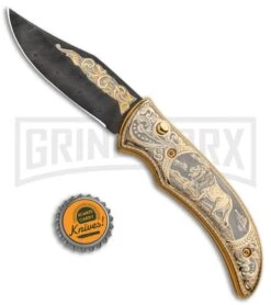 Custom Russian Gold Lion Automatic Knife - Damascus Plain -Best Knifes Shop Custom Russian Gold Lion Auto Damascus RV HC3 LION DAM GX 31050 jr bottlecap large