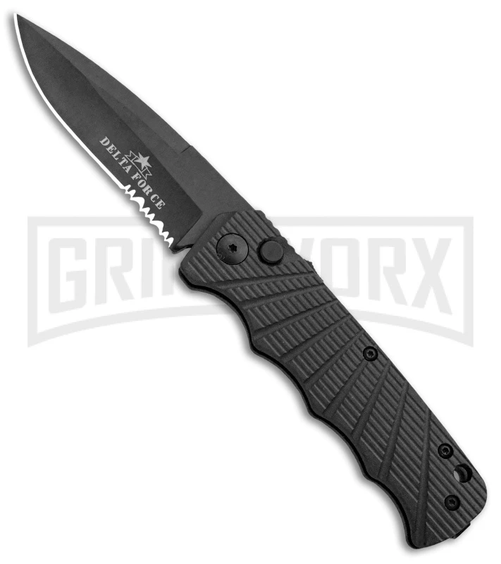 Delta Force Automatic Knife Black Aluminum - Black Partially Serrated 3 Delta Force Automatic Knife Black Aluminum - Black Partially Serrated