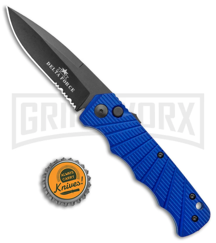 Delta Force Blue Auto Knife - Black Serrated 6 Delta Force Blue Auto Knife - Black Serrated - Image 4
