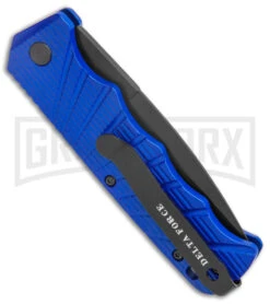 Delta Force Blue Auto Knife - Black Serrated 8 Delta Force Blue Auto Knife - Black Serrated -Best Knifes Shop Delta Force Auto Blue Aluminum Black Serr GX 38231 jr side large